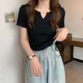 plus Size Women's Clothing 2024 Summer New v Collar Short Sleeve Shoulder T Women's Fat T-shirt mm Design Drawstring Slimming Hot Girl Top.
