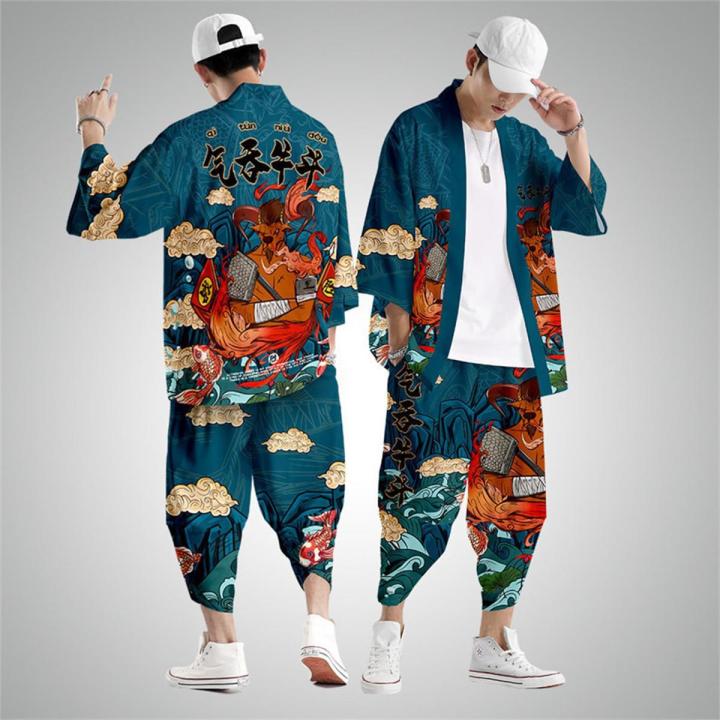 Two-piece Suit Oversize XXS-6XL Japanese Style Fashion Kimono And Pants Set Men Cardigan Blouse Haori Obi Asian Clothes