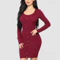 Bodycon Long Sleeve Top - Trendy Rib Fabric Button-Detail Women’s Top. 