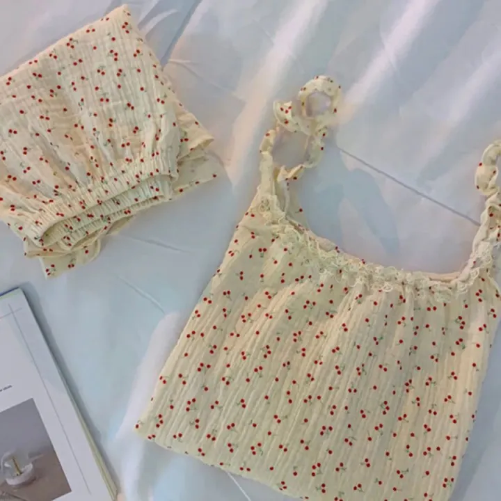 Women's%20Pajamas%20Summer%20Thin%20Sleeveless%20Tank%20Top%20Shorts%20Suit%20Korean%20Style%20Solid%20Color%20Floral%20Sweet%20Home%20Wear%20Can%20Be%20Worn%20outside%20-%20Image%205