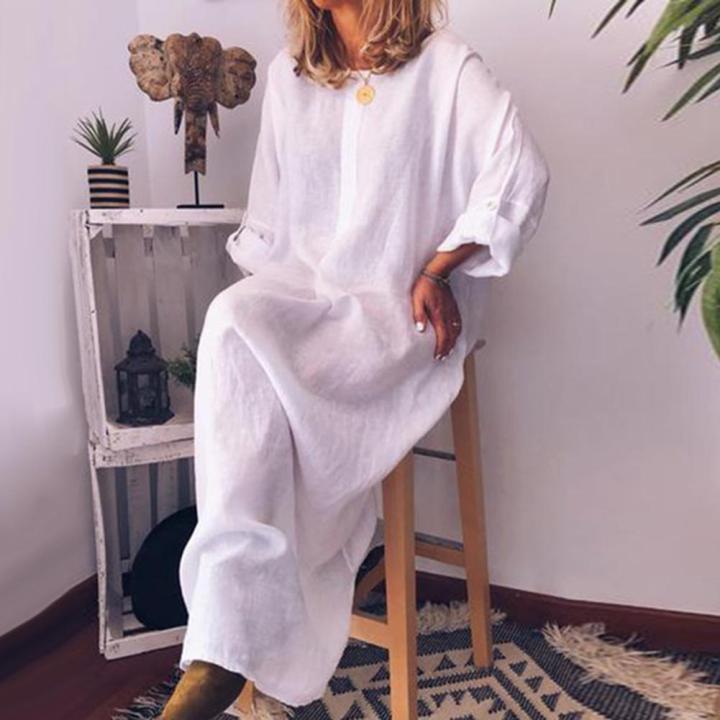 75%25%20s!!!%20Summer%20Women's%20Casual%20Solid%20Color%20Oversized%20Cotton%20Linen%20Long%20Shirt%20Kaftan%20Dress%20Loose%20Long%20Sleeve%20Dress%20House%20Foocus%20-%20Image%202