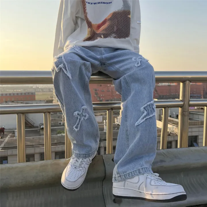New%20Men's%20jeans%20Neutral%20Wide%20Leg%20Denim%20Trousers%20Loose%20Straight%20Luxury%20Jeans%20Youth%20Street%20Casual%20Cross%20Embroidery%20Hip%20hop%20Pants%20-%20Image%203
