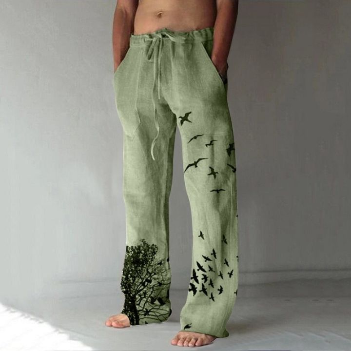 Men's Baggy Cotton Linen Pants Casual Pockets Wide Leg Pant Full Length Drawstring Men Plus Size Loose Vintage Pants Streetwear