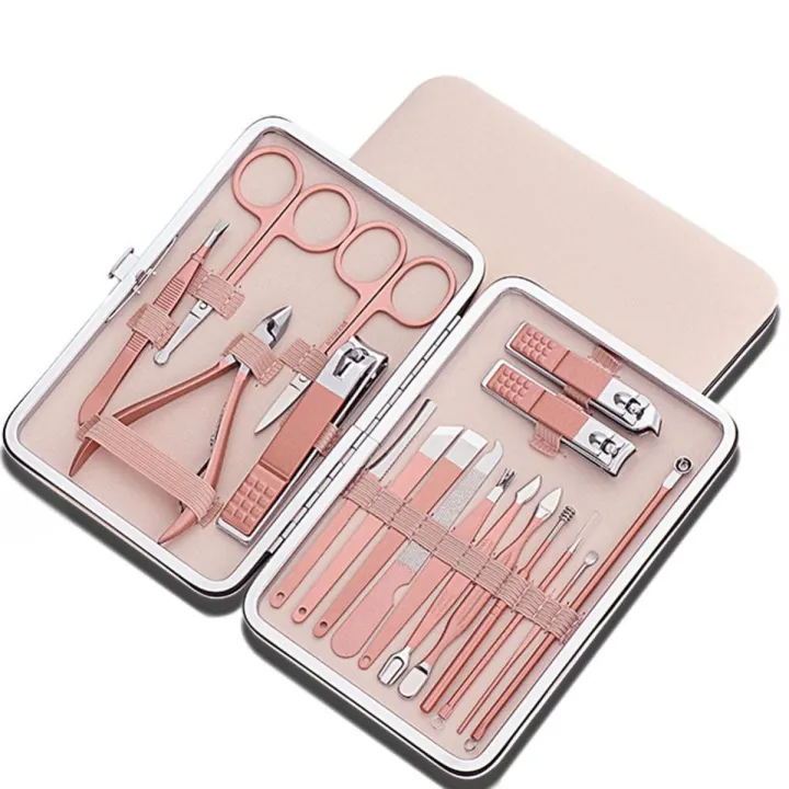 18Pcs/Set Rose Gold Stainless Nail Art Tools Kits Steel Nail Clipper Cutter Trimmer Ear Pick Grooming Kit Manicure Set Pedicure Toe Tools