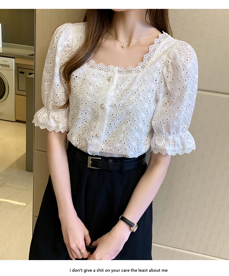Fashion Summer Short Sleeve Shirts Woman White Blouse Women 2023 Elegant  Square Collar Hollow Out Korean Lace Shirt Blusas 13934