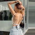 Women Tie-up Tank Tops, Adults Backless Solid Color Boat Neck Spaghetti Strap Crop Tops. 