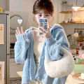 Spring and Autumn Horn-button Hooded Knit Sweater Coat Women Loose Outside Crop Top Gentle Soft Preppy Style White Cardigan. 