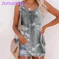 Amamia Denim Blouse Arc Hem Sleeveless Floral Print Denim Blouse.