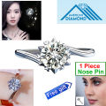American Diamond Finger Ring Set B - Adjustable 6 Claws Snowflakes Angti Mossonite Zircon Stone Birthday Wedding Engagement Bridal Party Jewelry for Women Silver Color Combo (1 Piece Nose Pin Free Gift). 