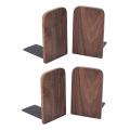 4Pcs Wooden Bookends with Metal Base Heavy Duty Black Walnut Book Stand with Anti-Skid Dots for Office Desktop.