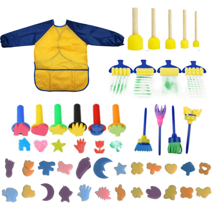 【Trick or Treat Alliance Mall】44pcs Sponge Painting Kit Mini DIY Kits Early Learning Kids Paint Set Roller Brush Child Apron Play Gift