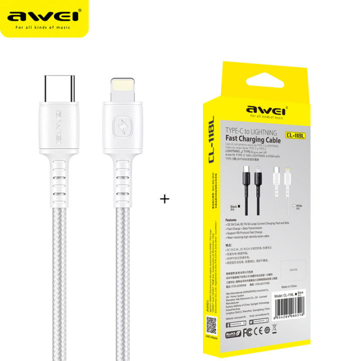 Awei 25cm PD 20W iPhone charge Cable Type-C to Lightning Data Cable 1M Fast Charging Wire For iPhone 13 11 12 Pro Max ipad