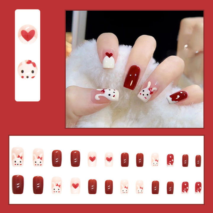 24Pcs Red Rabbit Festival Fake Nails with Glue DIY False Nails Wearable ...