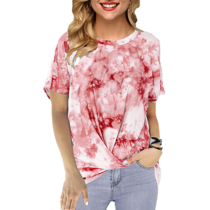New%20Women%20Gradient%20Tie-dye%20Printing%20T-shirt%20Round%20Neck%20Twist%20Knot%20Hem%20Tops%20Casual%20Short%20Sleeve%20Shirt%20Blo%20-%20Image%203