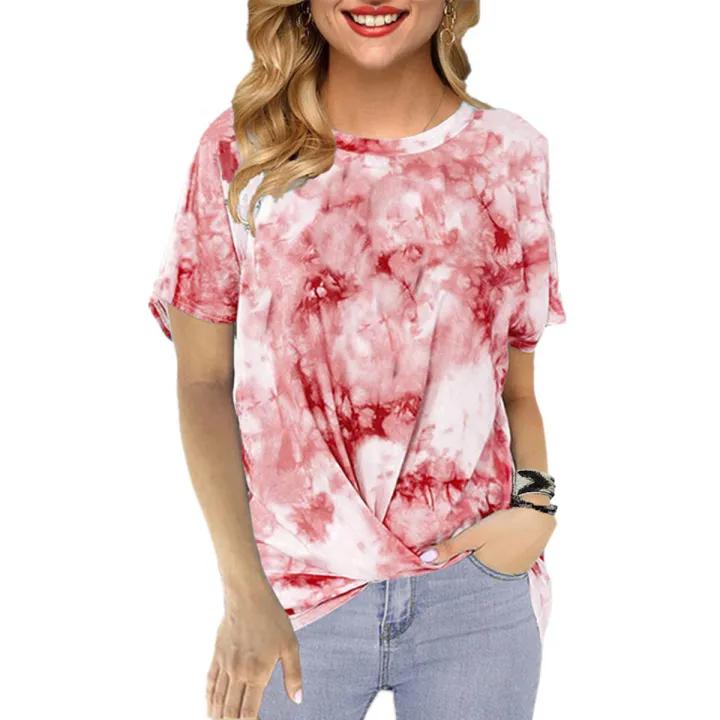 New%20Women%20Gradient%20Tie-dye%20Printing%20T-shirt%20Round%20Neck%20Twist%20Knot%20Hem%20Tops%20Casual%20Short%20Sleeve%20Shirt%20Blo%20-%20Image%203