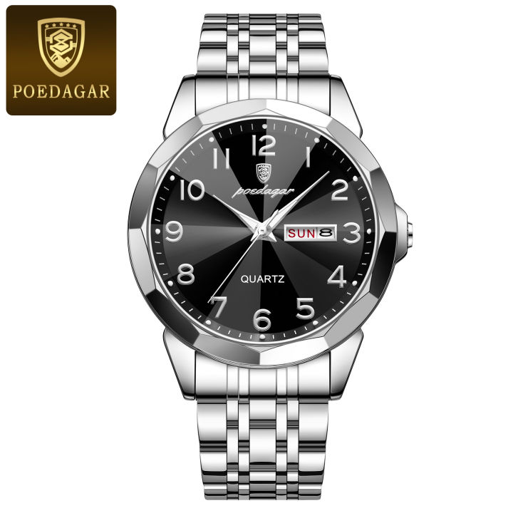 POEDAGAR Luxury Men's Quartz Watch, Sport Waterproof Luminous Wristwatch with Date, Business Stainless Steel Watches