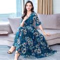 Women Floral Long Dress 2023 Casual Fashion Chiffon A Line V Neck Short Sleeve Dress Summer Elegant Fashion Comfortable Dresses. 