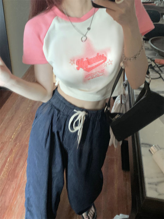 Pink%20chic%20Sweet%20Hot%20Girl%20Slimming%20and%20Tight%20Short%20Top%20Women's%20Summer%20French%20Minority%20Midriff-Baring%20Short%20Sleeve%20Shoulder%20T%20T-shirt%20-%20Image%206