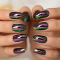 Short Midi Coffin Nails Chrome Mirror Nails Set Metallic Press On Nails Medium Length Bead Luster Shiny Rainbow Nail Tips. 