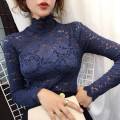 Spring and Summer Lace Long Sleeve Bottoming Shirt Women's Half High Collar Hollow Mesh Top.