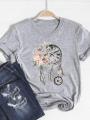 Print T Shirt Short Sleeve Flower Vintage Cute 90s Summer Top Fashion Clothes Women Clothing Gray Basic Tee Graphic T-shirt. 