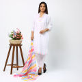 High Quality Linen Ready Made White Multi Less Three Piece For Women/Girls. 