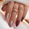Ren nail ripple color 3D apricot 24 pieces pink thread with French tip design wearable nails artificially pressed on the nail tip art.