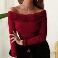 Lace Stitching Collar Long Sleeve Solid Color Knitted Blouse Autumn Office Ladies Elegant Off Shoulder Ribbed Knitwear Work Garm. 