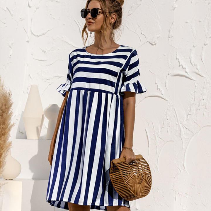 Women New Fashion Summer Beach Dress Maternity Clothes Loose Striped Ruffles Sleeves Dresses Pregnancy Party Mini Dress Sundress