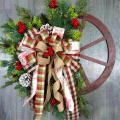 Red Wagon Wheel Wreath with Ribbons Pine Berries Vintage Farmhouse Wreath for Front Door Christmas Decorations Wreath for Window Outdoor Winter Wreath Home Garden Garland. 