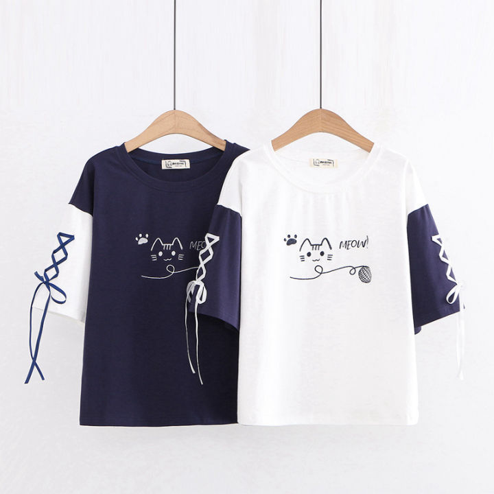 New Fashion Meow Ladies Short Sleeve T-Shirt High Quality- Drop Shoulder