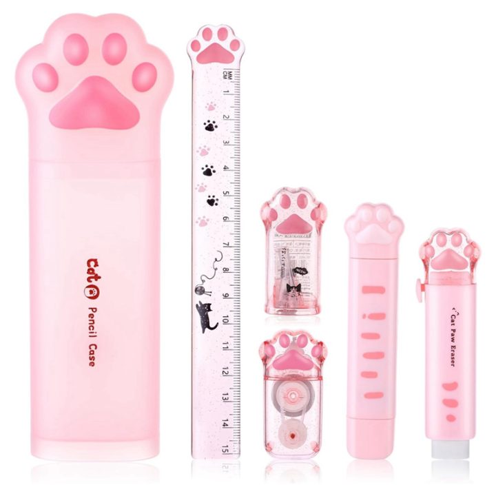 Cute Cat Stationery Set, 6 Pcs Kawaii Cat Stationary Kit Pencil Sharpener Retractable Eraser Correction Tape Ruler Durable Pink