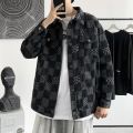 Korean Style Men Graphic Jean Jacket Mens Fashion Checkerboard Plaid Denim Jacket Spring and Autumn Loose crago Jackets. 