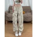 Apricot fashion ins trend cargo pants women high street multi-pocket casual pant design sense loose straight wide-leg pant women.