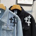 Men's Fashion Cross Embroidery Denim Jacket Spring and Autumn Ins Street Fashion Label Loose Jean Jacket Chaquetas Hombre.