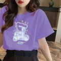 138 Korean Style Short Sleeve T T-shirt Women's, Blue Bottoming Top round Neck Loose Casual New Bear Printed Summer T-shirt.