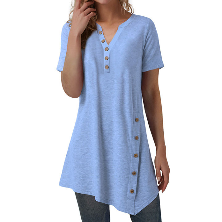Ladies%20Button%20Design%20Short%20Sleeve%20Tops%20Blouse%20Irregular%20Ladies'%20Blouses%20-%20Image%205