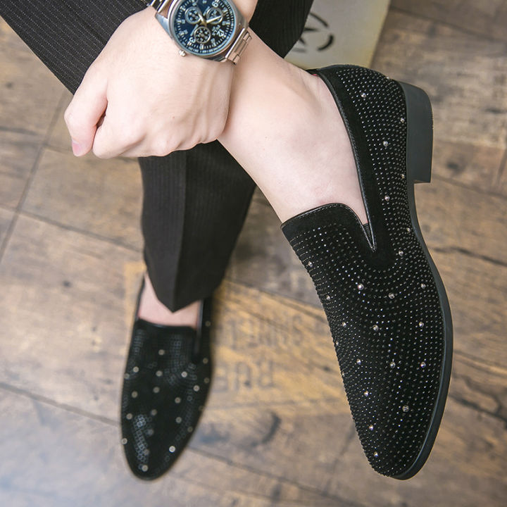Black Rhinestone Men loafers Gold Spiked Rivets Formal Men Casual Shoes Wedding Party Dress Shoes Men Flats Slip On Loafers BunnyGarden
