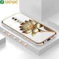 UCUC for OPPO Reno Z Back Cover + Free Lanyard Golden Lotus Luxury 6D Plating Case Side Pattern Soft Silicone Square Phone Cases.