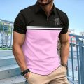 Men's polo shirt with collar and zipper, street casual T-shirt, striped color, new.