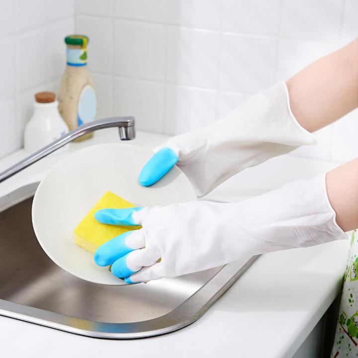 1 Pair Cleaning Gloves Non-Slip Waterproof PVC White Long Sleeve Dishwashing Rubber Gloves Kitchen Supplies Kitchen Clean Tool