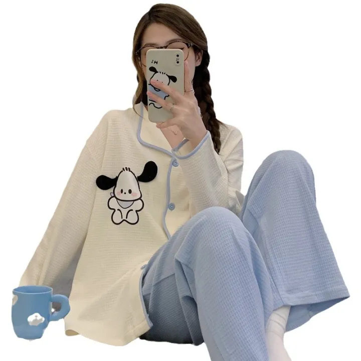 Pajamas%20Women's%20Cardigan%20V-Neck%20New%20Spring%20and%20Autumn%20Waffle%20Long%20Sleeve%20Ins%20Style%20Cute%20Ladies%20Kimono%20Loungewear%20Set%20-%20Image%205