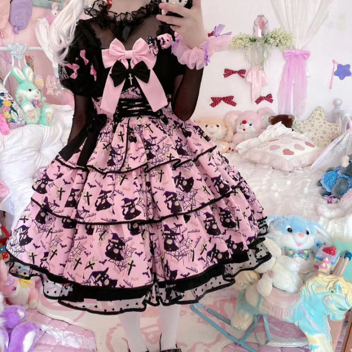 Victorian Sweet Black Pink Lolita Dress Women Kawaii Elegant Luxury Y2k  Chic Retro Gothic Dresses Girls Witch Pattern Midi Dress | Daraz.com.bd