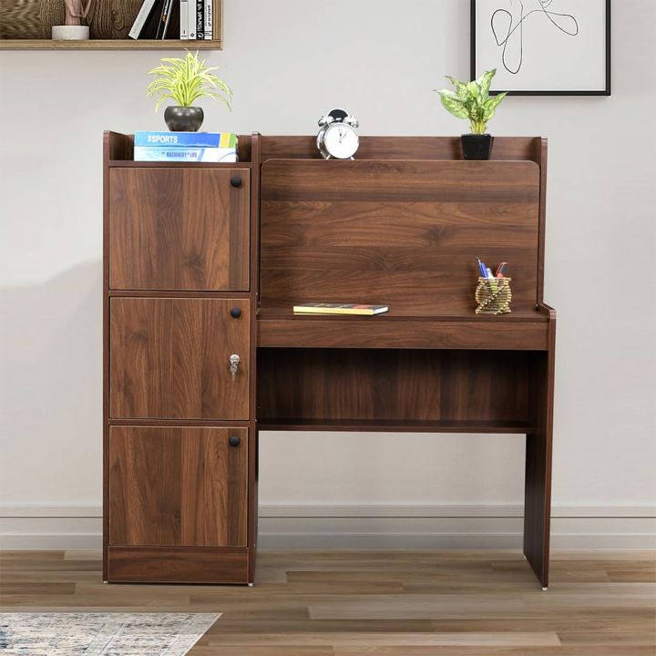 Floding Chocolate Study Desk Colour in Melamine Finish | Engineered Wood Desk with Storage Cabinet | Wooden | Convertible into Computer Table 48/48