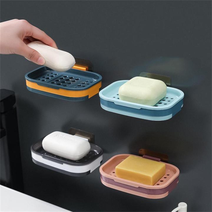 Strong Suction Soap Dish Holder Drain Case Tray Box Soap Box Wall-mounted Draining Rack Home Bathroom Double Layer Soap Holder