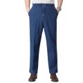 Men Solid Color Elastic Waistband Drawstring Straight Denim Pants Long Trousers. 