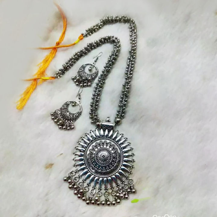 Antique Design Oxidised Silver Necklace With Earrings - Necklace For Girls