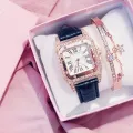 Fopul Mall Best Selling Ladies Square Rhinestone Bracelet Watch Set Wristwatches Leather Strap Luxury Quartz Watches for Women. 