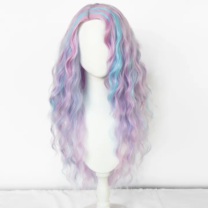 Synthetic Long Purple Blue Mix Curly Raya and The Last Dragon Sisu Cosplay Wig for Women Costume Wig for Halloween