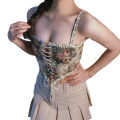 Women Summer Retro Corset, Flower Print Spaghetti Strap Low-Cut Sleeveless Bandage Crop Tops for Girls.